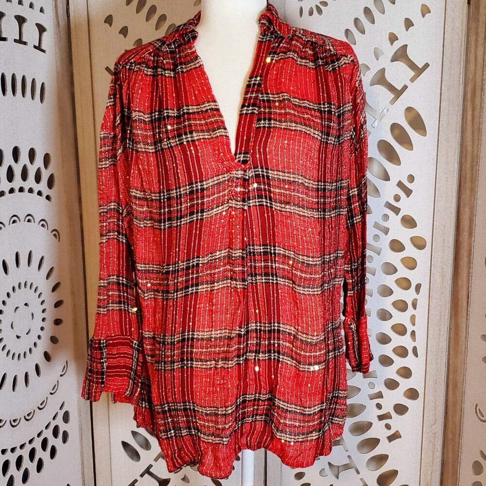 Free People Fearless Love Long Sleeve Sparkle Gauzy Plaid Pullover Shirt  Medium - Picture 3 of 9